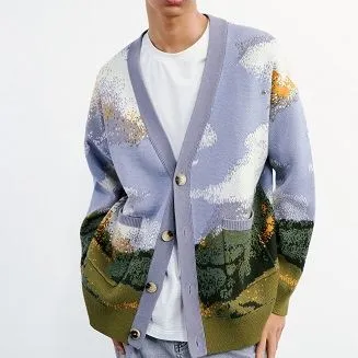 Męska kurtka sweterkowa Sceneria Malarstwo Styl Żakard dzianinowy sweter kardigan